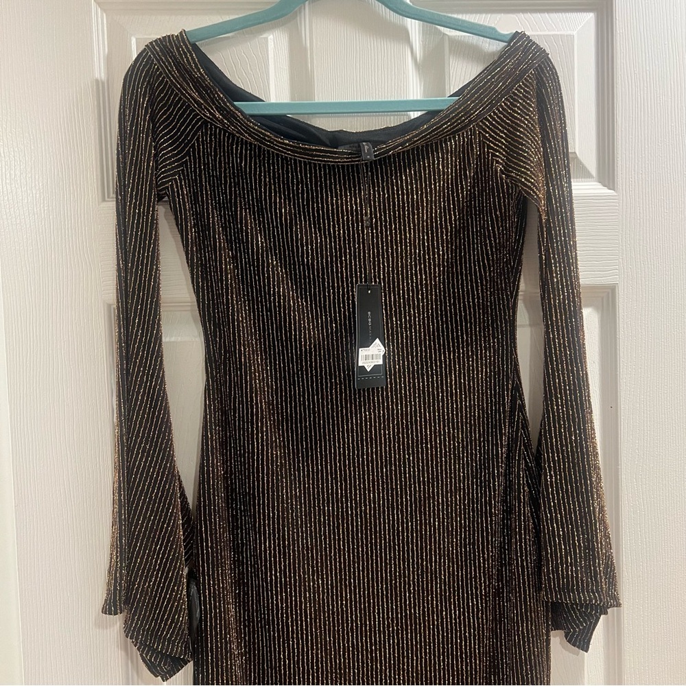 Bcbgmaxazria Ellena sparkly gold dress off shoulder S - Picture 7 of 7
